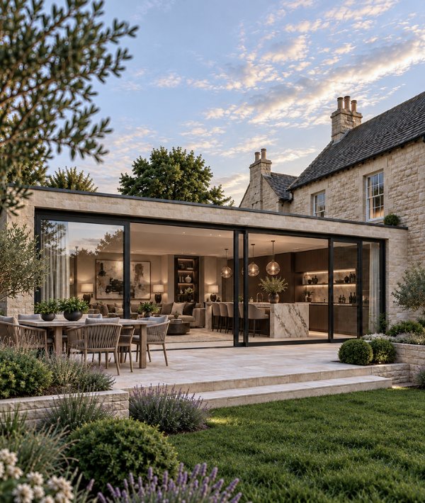 A stone house with a glazed single storey rear extension, opening onto a garden terrace
