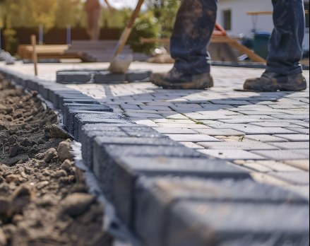 A block paving driveway being laid against a new kerb