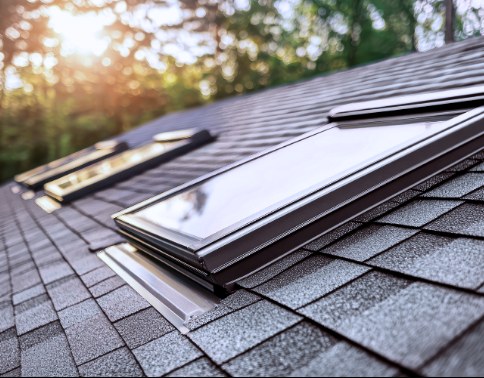 Roof windows fitted into a slate grey tiled roof