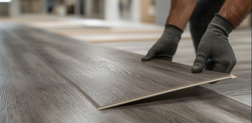 Gloved hands laying a plank of luxury vinyl flooring