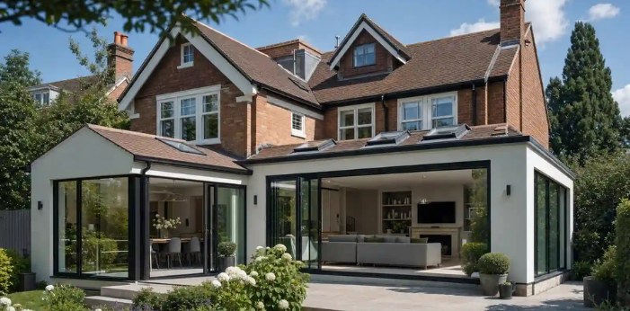 A brick house with a white rendered single storey extension and wide glazed doors