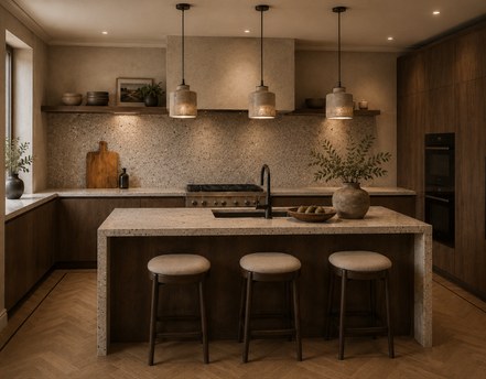A kitchen with dark timber units, a terrazzo island and three bar stools