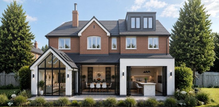 The rear of a brick house with a glazed gable extension and a dormer loft conversion
