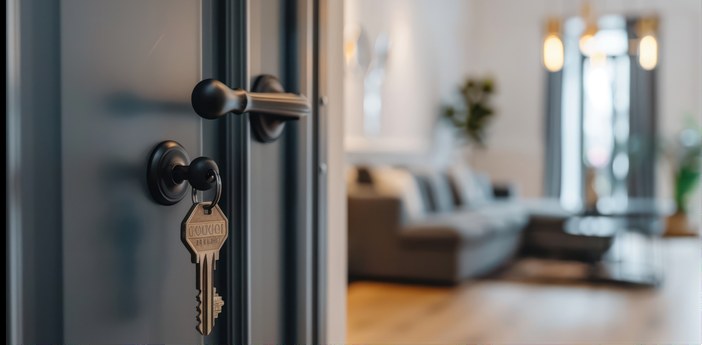 A key in the lock of an open front door, a finished living room beyond