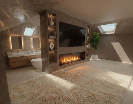 A loft suite with a fireplace wall, roof windows and an open bathroom