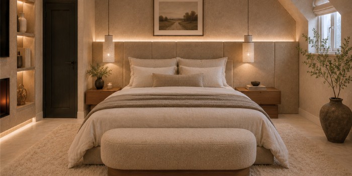 A loft bedroom with an upholstered headboard wall, pendant lights and a boucle bench