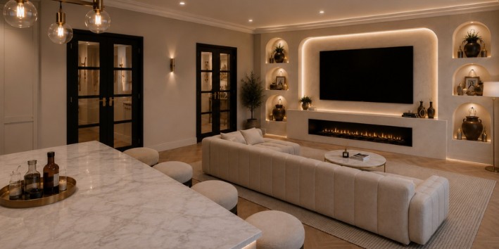 An open plan living room with a marble island, a long cream sofa and a fireplace wall with lit niches